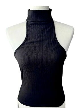 Commense Black Ribbed High Neck Halter Tank